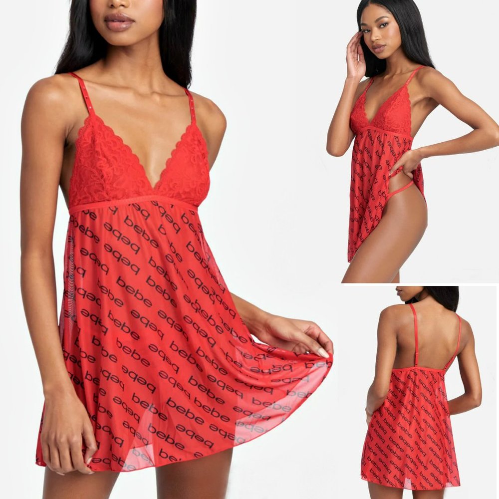 NWT bebe Sheer mesh Babydoll and string Thong Panties bebe print SET,S,M,L,XL